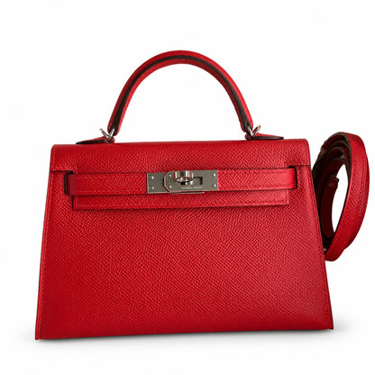 Fully hand-sewn👉Second generation Mini Kelly 19cm imported Epsom leather flag red silver buckle