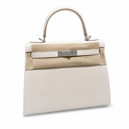 kelly28cm, ck10/Craie, Epsom, sliver, all handmade‼ ️Kelly 28cm, milkshake white, palm print, silver buckle, high-end handmade exclusive customization‼ ️Purely hand-made nails, hand-engraved hardware,