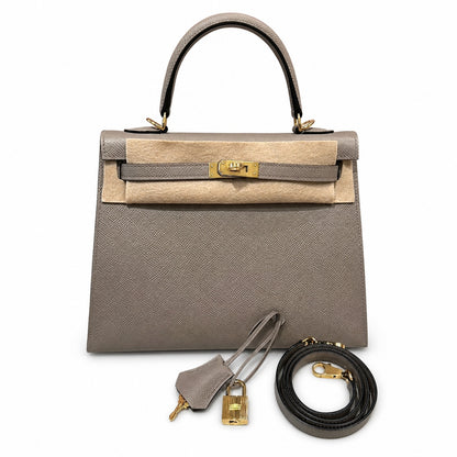 kelly25cm, M8/Gris Asphalte, Epsom, gold, all handmade‼ ️Kelly 25cm, asphalt gray, palm print, gold buckle, high-end handmade exclusive customization‼ ️Purely hand-made nails, hand-engraved hardware,
