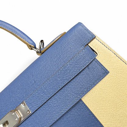 Kelly 32cm Epsom Leather 10 Craie Milkshake White R2 Blue Agate Bright Blue Top Handmade! Counter quality!