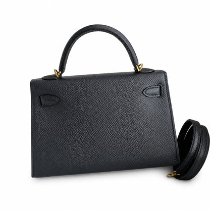 Second generation Mini Kelly 19cm Epsom leather black gold buckle