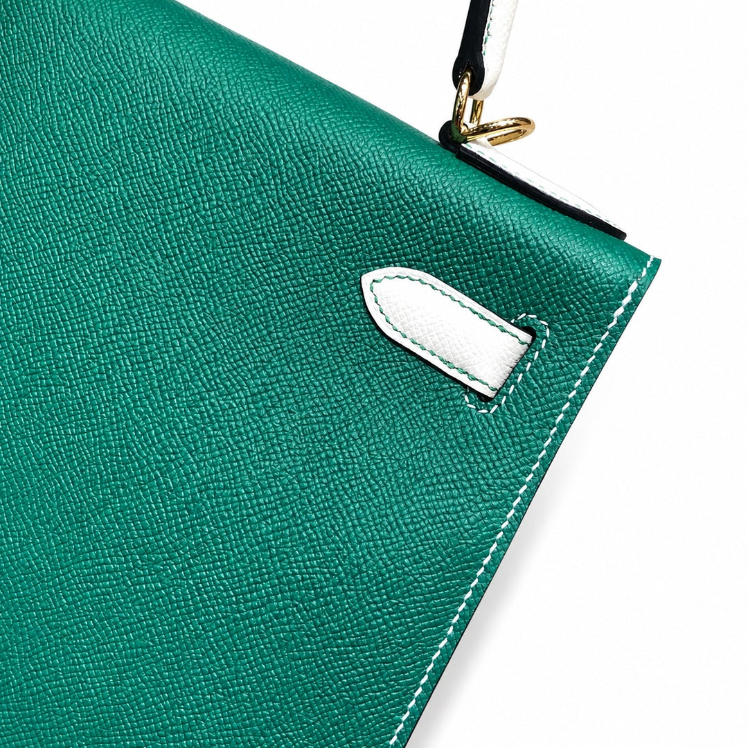 Kelly 28cm Epsom leather U4 Vert Vertigo velvet green with 10 Craie milkshake white top handcraft! Counter quality!