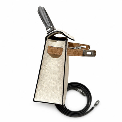 mini kelly 2, i2/Nata-0M/Chai-0L/Gris Meyer, Epsom, sliver, 19cm, all handmade‼ ️Mini Kelly II, cream white with striped milk tea color and cumulonimbus gray armband, palm print, silver buckle, 19cm,