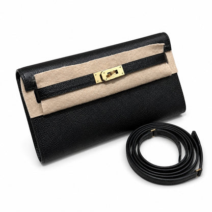 Style: Kelly to go Color: ck89/noir Size: 19*11.5*1.5cm Leather: epsom From France Hardware: gold shoulder crossbody bag, clutch bag, black, cowhide, gold buckle, high-end handmade exclusive customiza