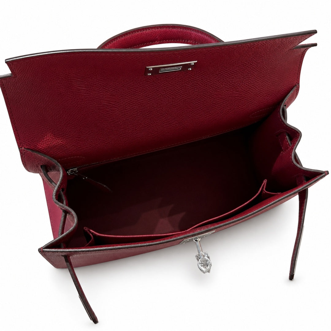 kelly28cm, K1/Rouge Grenat, Epsom, sliver, all handmade‼ ️Kelly 28cm, pomegranate red, palm print, silver buckle, high-end handmade exclusive customization‼ ️Purely hand-made nails, hand-engraved hard