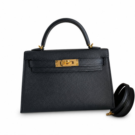 Second generation Mini Kelly 19cm Epsom leather black gold buckle