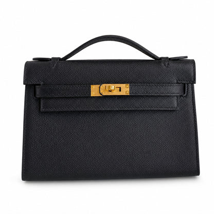 First generation handbag evening bag Kelly 22cm Epsom leather black gold buckle wax thread