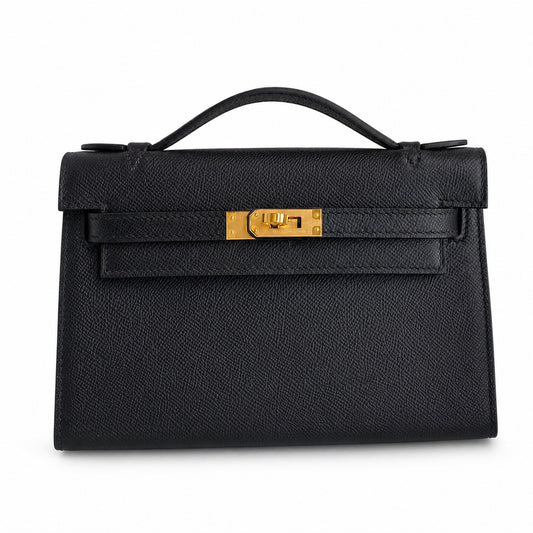 First generation handbag evening bag Kelly 22cm Epsom leather black gold buckle wax thread