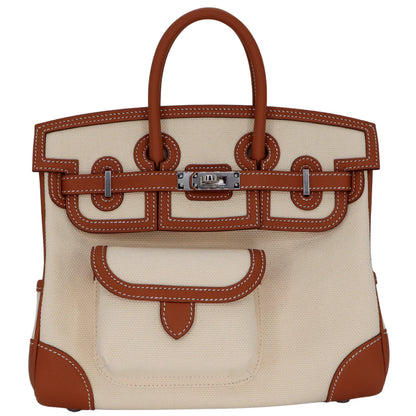 Multi-Pocket Birkin Cargo 25cm Tote in Gold Brown Leather & Canvas