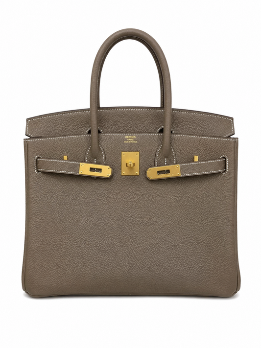 Birkin 30 Retourne in Etoupe Togo Leather with White Stitching (Gold Hardware)
