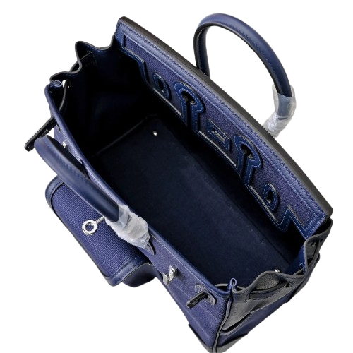 Birkin Cargo 25 Navy Blue Swift Leather and Canvas Splicing Bag