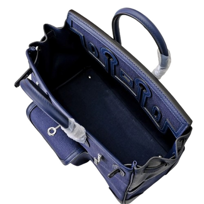 Birkin Cargo 25 Navy Blue Swift Leather and Canvas Splicing Bag