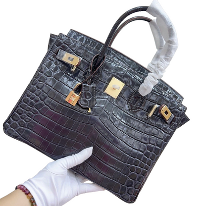 Birkin Style 25/30/35 Retourne in Etoupe Crocodile-Embossed Leather (Gold Hardware)