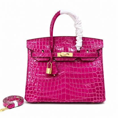 Birkin Style 25/30/35 Retourne in Rose Schéhérazade Crocodile-Embossed Leather (Gold Hardware)