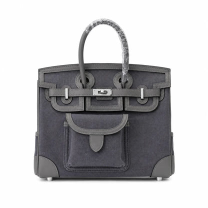 Birkin Cargo 25 Etain Grey Swift Leather and Canvas Splicing Bag