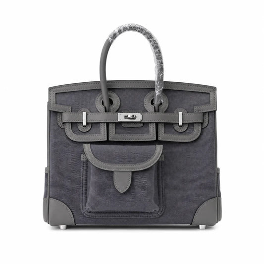 Birkin Cargo 25 Etain Grey Swift Leather and Canvas Splicing Bag