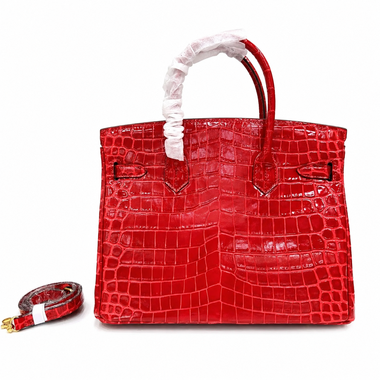 Birkin Style 25/30/35 Retourne in Rouge Vif Crocodile-Embossed Leather (Gold Hardware)