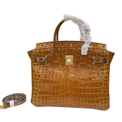 Birkin Style 25/30/35 Retourne in Miel/Gold Crocodile-Embossed Leather (Gold Hardware)