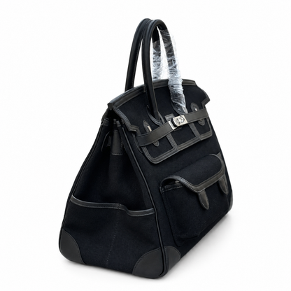 Birkin Cargo 35 in Noir Toile Goéland and Swift Leather (Palladium Hardware)