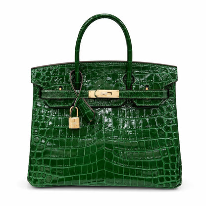 Birkin Style 25/30/35 Retourne in Vert Émeraude Crocodile-Embossed Leather (Gold Hardware)