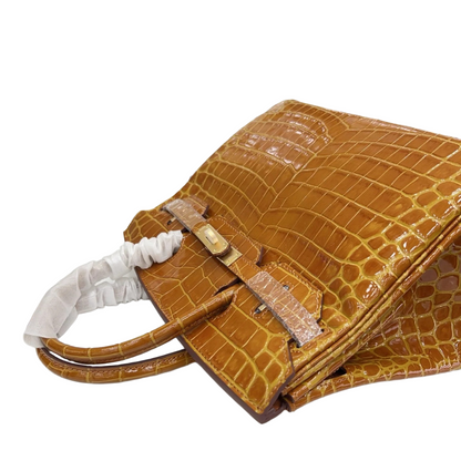 Birkin Style 25/30/35 Retourne in Miel/Gold Crocodile-Embossed Leather (Gold Hardware)