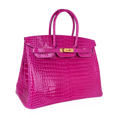 Rose Fuchsia Pink Crocodile Bag Gold Hardware